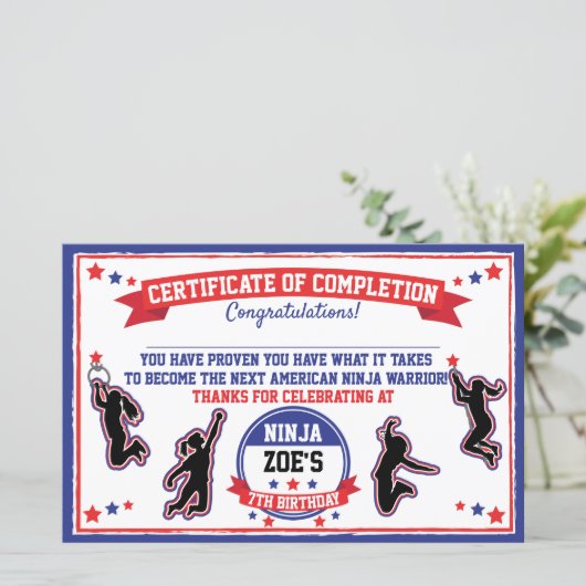 Ninja Warrior Girl Party Certificate of Completion (Staand voorkant)