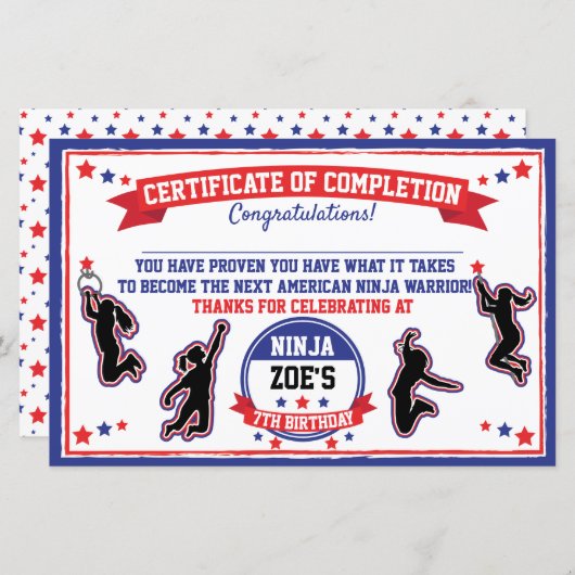 Ninja Warrior Girl Party Certificate of Completion (Voorkant / Achterkant)