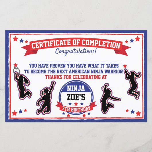 Ninja Warrior Girl Party Certificate of Completion (Voorkant)
