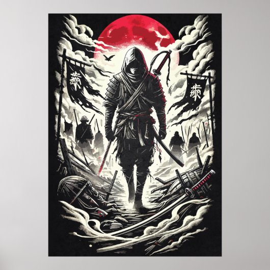 Ninja Warrior in Red Moon Battlefield - Japans Poster (Voorkant)