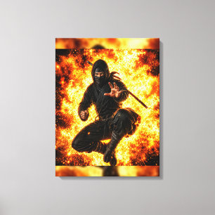 Ninja Warrior in Vuur Japanse Wandkunst Canvas Afdruk