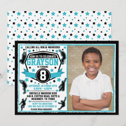 Ninja Warrior Jongen Zwart & Teal Foto Kaart (Voorkant / Achterkant)