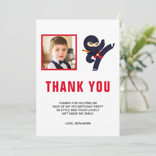 Ninja Warrior Kids Foto Verjaardagsfeestje Bedankkaart (Staand voorkant)
