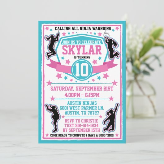 Ninja Warrior Meisjes Roze Blauwgroen Verjaardagsf Kaart (Staand voorkant)
