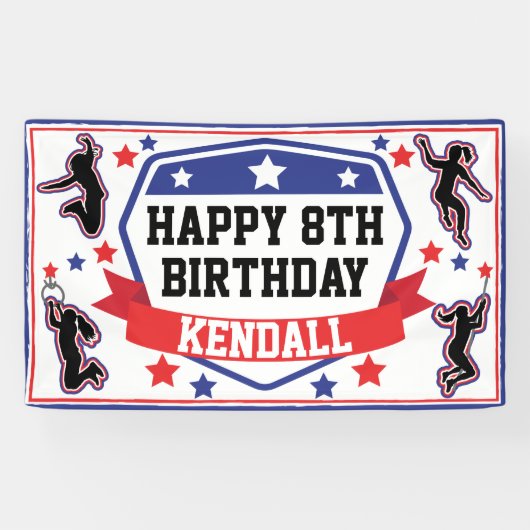 Ninja Warrior Meisjes Verjaardagsfeestje Blauw & R Spandoek (Horizontaal)