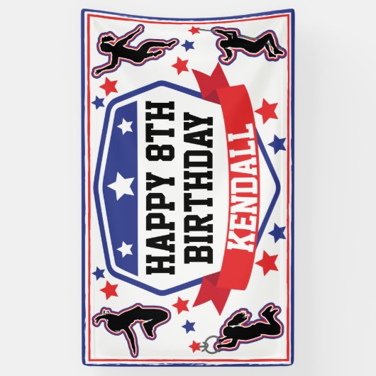 Ninja Warrior Meisjes Verjaardagsfeestje Blauw & R Spandoek (Verticaal)