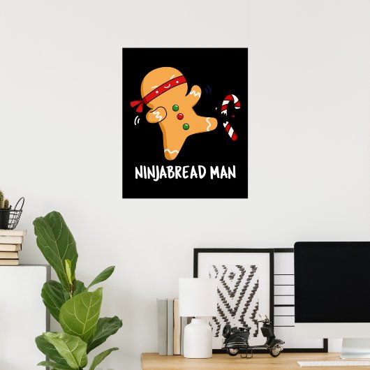 Ninjabread Man Funny Gingerbrood Pun Dark BG Poster (Thuiskantoor)