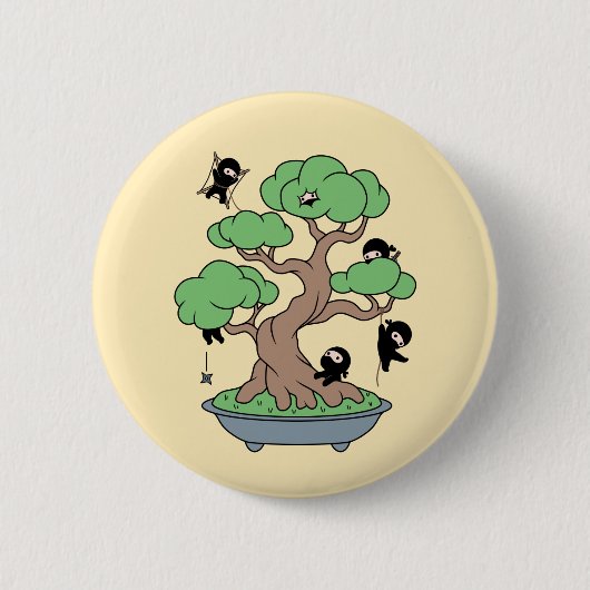 Ninjas in Bonsai Tree on Yellow Ronde Button 5,7 Cm (Voorkant)