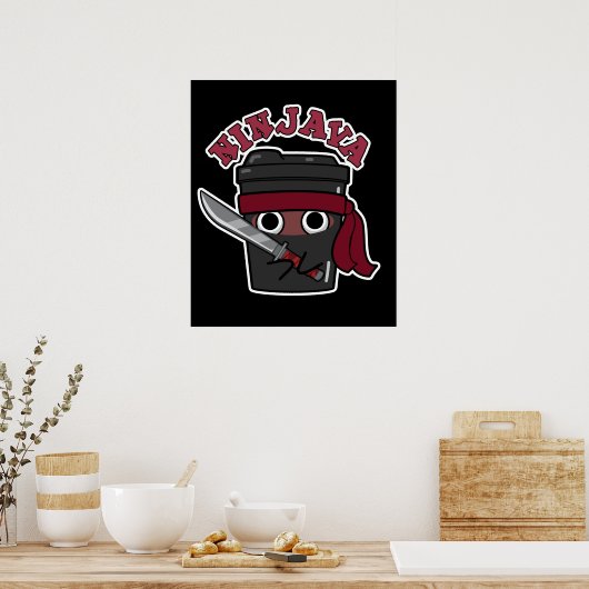 Ninjava Funny Ninja Java Coffee Pun Dark BG Poster (Keuken)