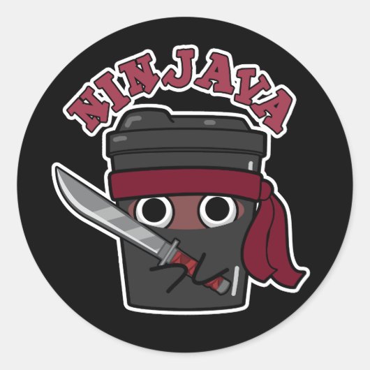 Ninjava Funny Ninja Java Coffee Pun Dark BG Ronde Sticker (Voorkant)