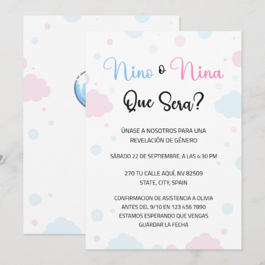 Nino o Nina Geslacht onthullen uitnodiging (Voorkant / Achterkant)