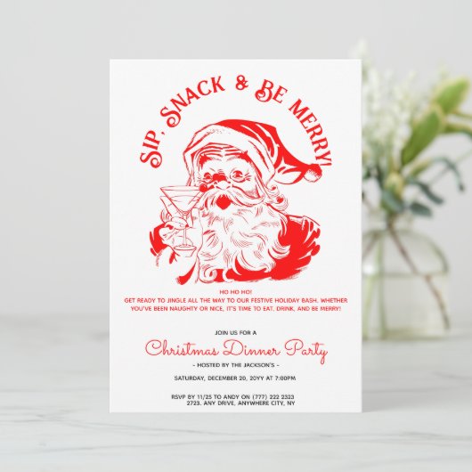 Nip Snack & Be Merry Funny Santa Claus Uitnodiging (Staand voorkant)