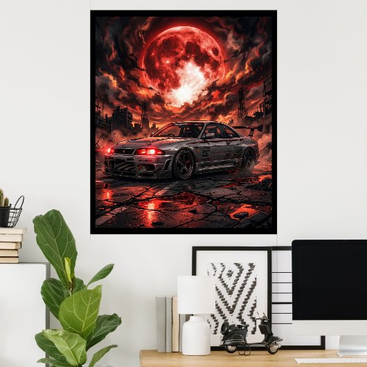Nissan Skyline R33 Onder De Rode Maan Poster (Thuiskantoor)