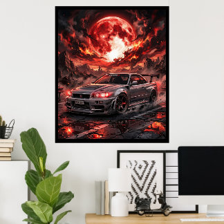 Nissan Skyline R34 Onder een Robijnrode Maan Poster