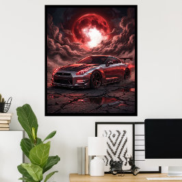 Nissan Skyline R35 Onder een Robijnrode Maan Poster