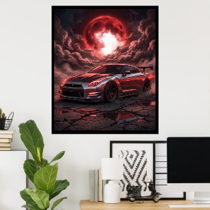 Nissan Skyline R35 Onder een Robijnrode Maan Poster