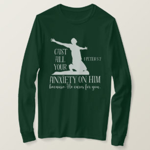 NIV 1 Petrus 5:7 Werpt al uw vrees op Hem, Bijbel T-shirt
