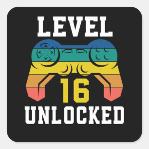 Niveau 16 ontgrendeld, videospel 16e gamer verjaar vierkante sticker