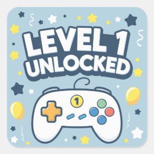 Niveau 1 ontgrendeld - Eerste verjaardag Gaming Vierkante Sticker