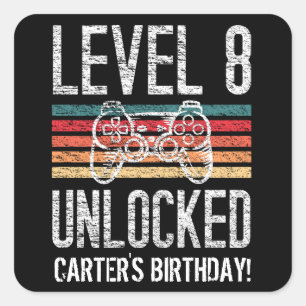 Niveau 8 onvergrendelde 8e verjaardag gamer vierkante sticker