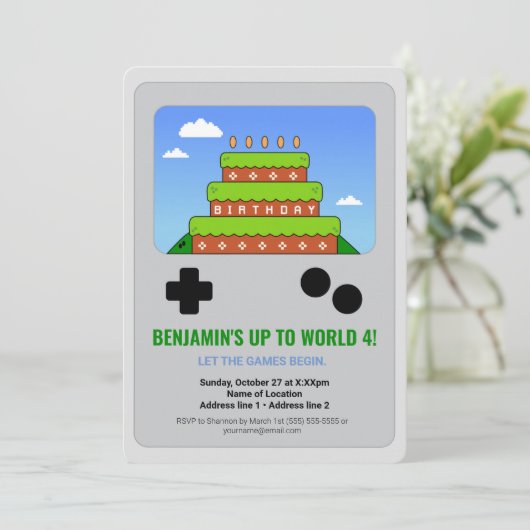 Niveau omhoog! Afdrukbare Video Game Party Uitnodi Kaart (Staand voorkant)