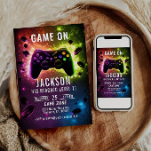 Niveau omhoog! Neon Video Game Verjaardagsfeest Kaart