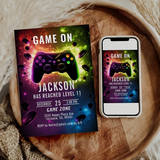 Niveau omhoog! Neon Video Game Verjaardagsfeest Kaart