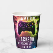 Niveau omhoog! Neon Video Game Verjaardagsfeest Papieren Bekers (Achterkant)