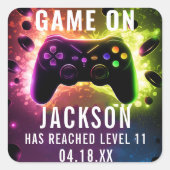 Niveau omhoog! Neon Video Game Verjaardagsfeest Vierkante Sticker (Voorkant)