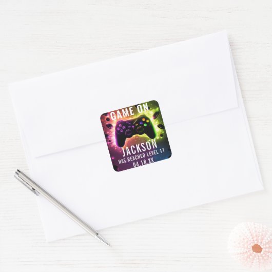 Niveau omhoog! Neon Video Game Verjaardagsfeest Vierkante Sticker (Envelop)