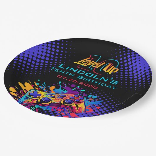 Niveau Omhoog Video Game Controller Verjaardag Papieren Bordje (Gekanteld)