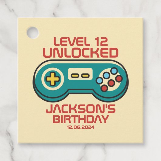 Niveau onvergrendelde Retro Gamer Boy Teen Birthda Bedankjes Labels (Voorkant)