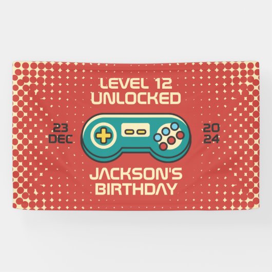 Niveau onvergrendelde Retro Gamer Boy Teen Birthda Spandoek (Horizontaal)