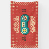 Niveau onvergrendelde Retro Gamer Boy Teen Birthda Spandoek (Verticaal)