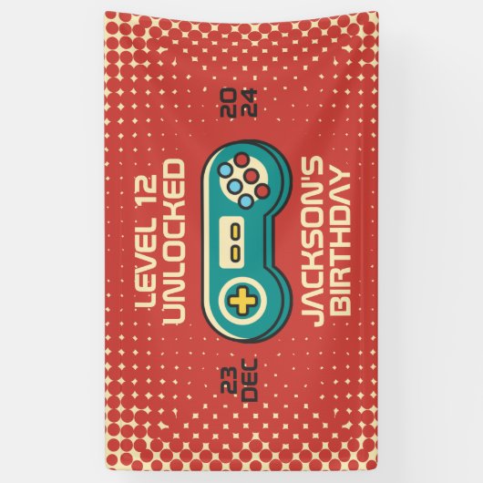 Niveau onvergrendelde Retro Gamer Boy Teen Birthda Spandoek (Verticaal)