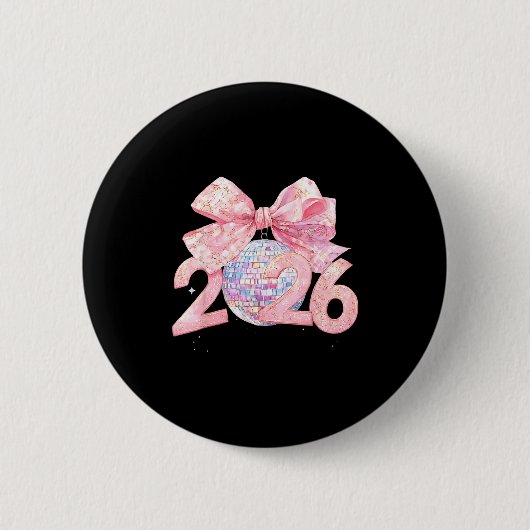 Nk Bow Coquette Disco Ball Happy New Year 2026 Ronde Button 5,7 Cm (Voorkant)