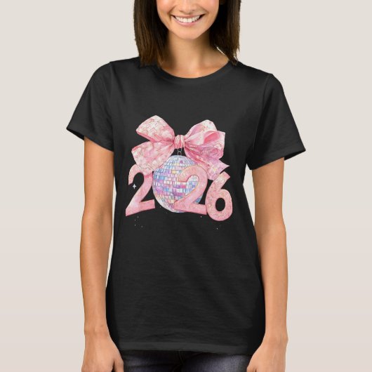 Nk Bow Coquette Disco Ball Happy New Year 2026  T-shirt (Voorkant)