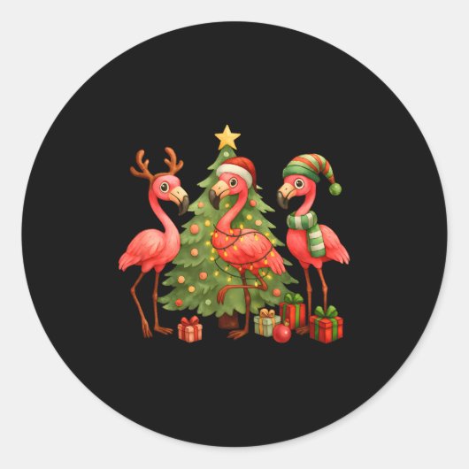 Nk Christmas Flamingos _ Cute Holiday Tree &amp; D Ronde Sticker (Voorkant)