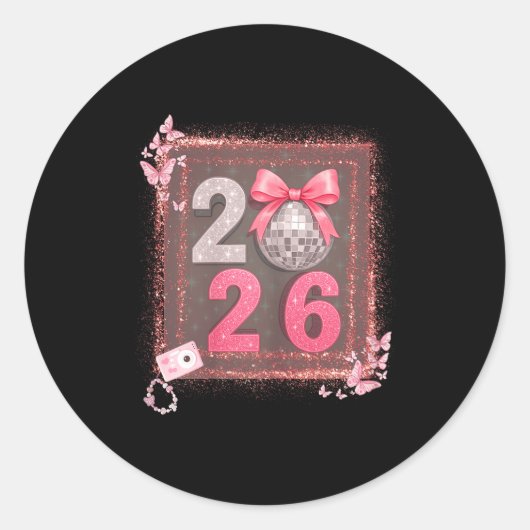Nk Sparkle Disco Bow 2026 Coquette Happy New Year  Ronde Sticker (Voorkant)