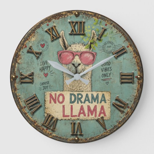 No Drama Funny Llama Cute Boho Nursery Grote Klok (Voorkant)