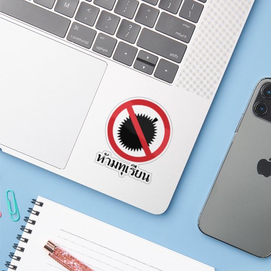NO Durian ⚠ Thai Language Script Sign ⚠ Sticker (Laptop met iPhone)