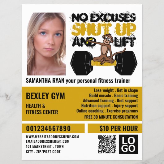 No Excuses Monkey, Persoonlijke trainer, Gym Adver Flyer (Voorkant)
