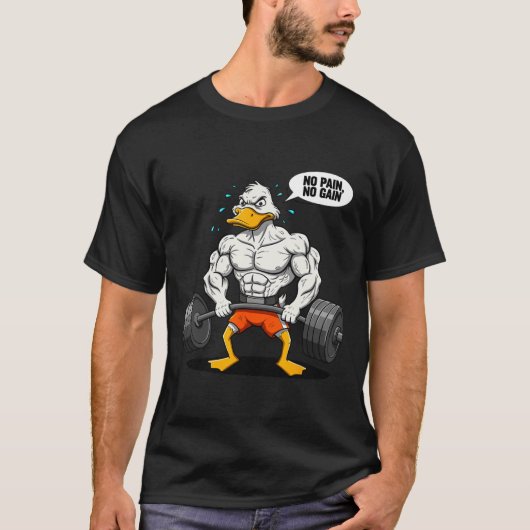 No Pain No Gain Funny Duck Weightlifter Joke Gym M T-shirt (Voorkant)