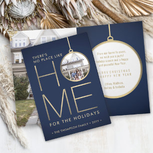 No Place Like Home 2 Foto Kerst Blauw Gevouwen Feestdagen Kaart