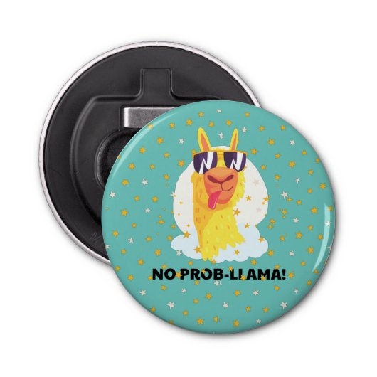 No-Prob-Llama Funny Cute Llama met sterrenSleutelh Button Flesopener (Voorkant)