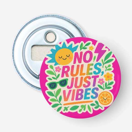 No Rules Just Vibes – Neon Gradient Kawaii-Punk Ty Button Flesopener (Voorkant)