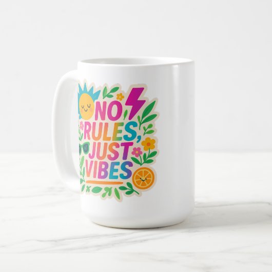 No Rules Just Vibes – Neon Gradient Kawaii-Punk Ty Koffiemok (Voorkant links)