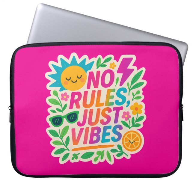 No Rules Just Vibes – Neon Gradient Kawaii-Punk Ty Laptop Sleeve (Voorkant)