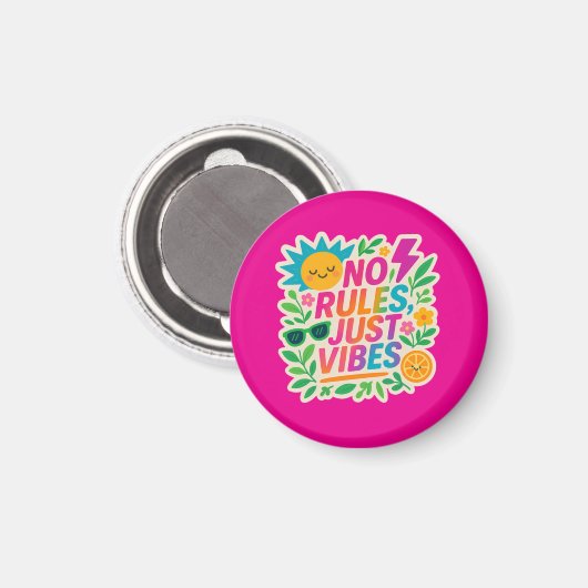 No Rules Just Vibes – Neon Gradient Kawaii-Punk Ty Magneet (Voorkant / Achterkant)