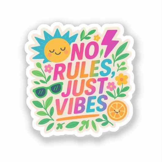 No Rules Just Vibes – Neon Gradient Kawaii-Punk Ty Sticker (Voorkant)